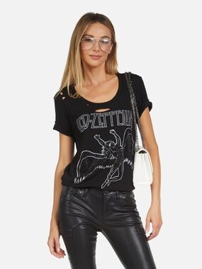 Lauren Moshi Led Zeppelin Bedazzled Short Sleeve Black Tee Tshirt Myra XSmall XS